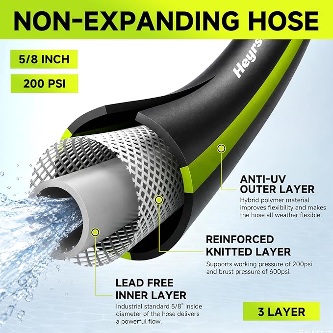 Garden Hose 100ft x 5/8", NON-EXPANDABLE Water Hose Heavy Duty, Flexible, Lightweight, Kink Resistant & Outside Hybrid Hose, Male to Female Fittings