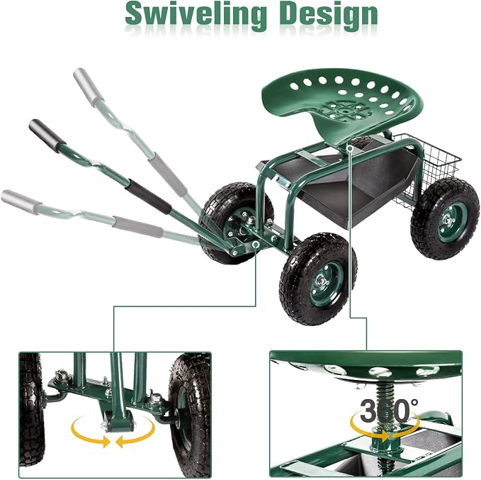 Garden Stool Cart Rolling Work Seat Outdoor Storage Basket Scooter for Adjustable 360 Degree Swivel Seat Green