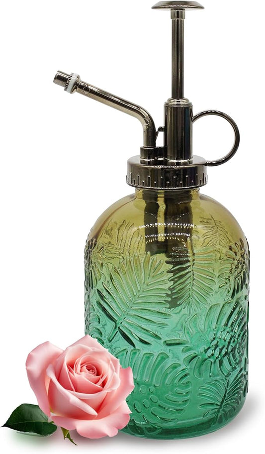 Glass Plant Mister Spray Bottle, 350ML Vintage Plant Spritzer, Succulent Watering Bottle Glass with Top Pump, Small Plants Sprayer Watering Can for Indoor (Brown Green)