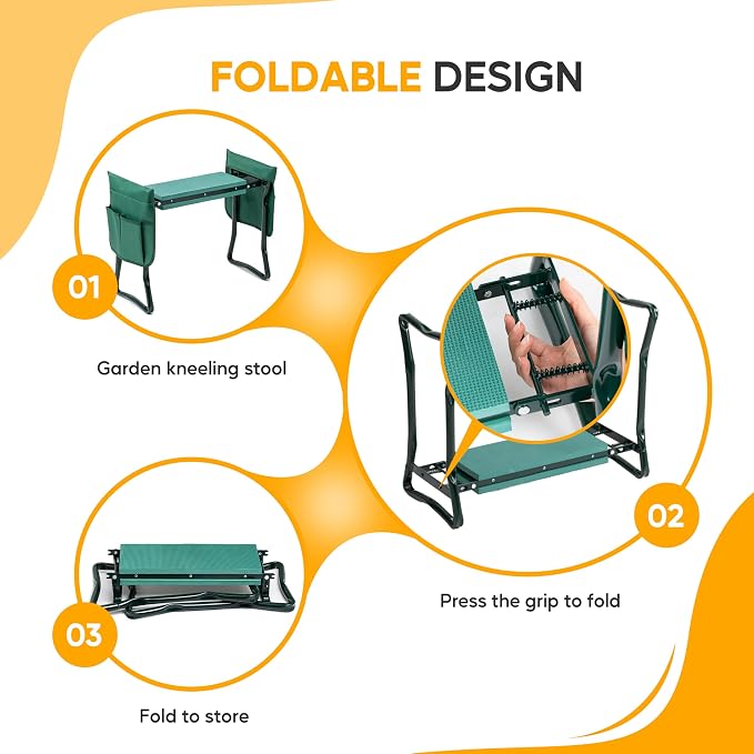 Simple Deluxe Garden Kneeler and Seat, Foldable Kneeling Stool with Thicker EVA Foam Pad, Heavy Duty Bench with 2 Tool Pouches, Gifts for Outdoor Gardening, Fishing, Green.