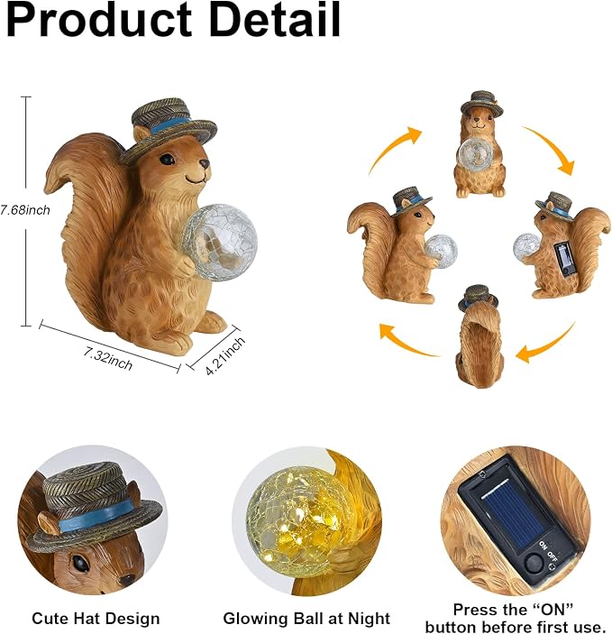 Solar Squirrel Figurine Garden Decor with LED Glowing Ball, Outdoor Statues Decorations for Yard, Patio, Lawn - Unique Gifts for Women Mom Grandma