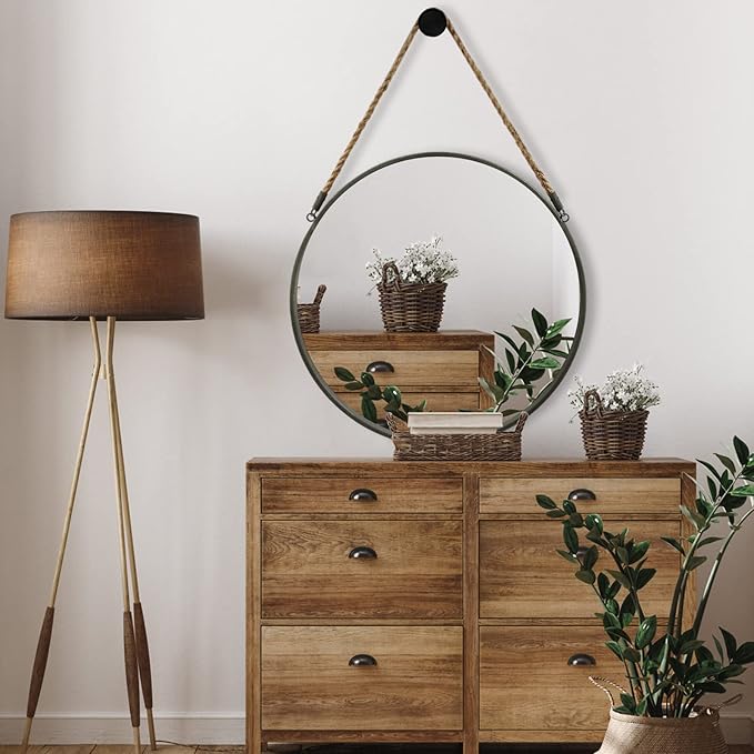 POZINO Round Hanging Mirror, 20 Inch Circle Wall Mirror with Rope, Grey Metal Frame Farmhouse Decorative Mirrors for Entryway, Living Room, Fireplace, Bedroom, Bathroom