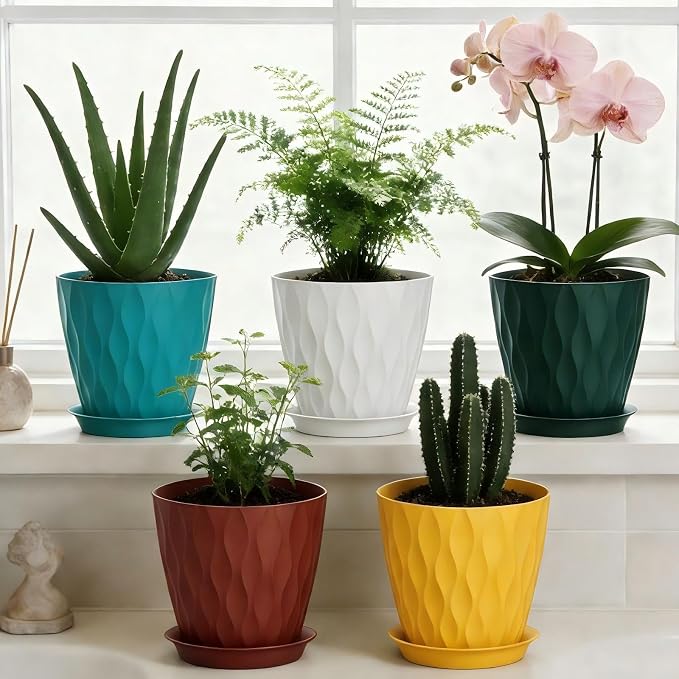 8 Inch Plastic Plant Pots,Set of 5 Flower Pots,Planters with Drainage Holes & Saucers, Indoor Outdoor Garden Pots for Home Decor(Colorful)