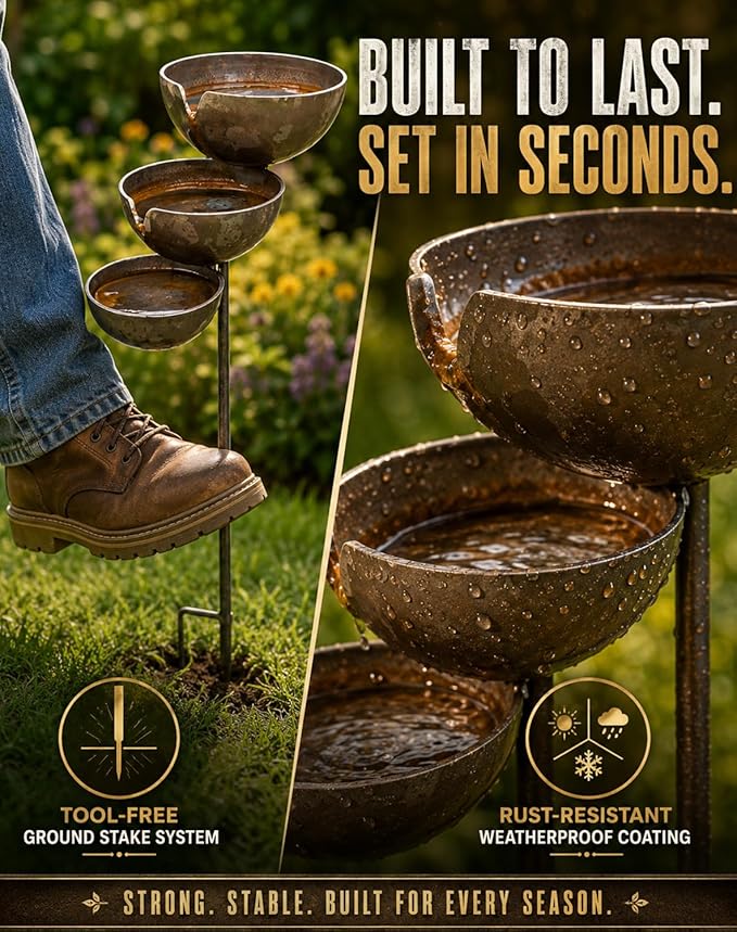 Rain Catcher Bird Bath & Multi-Tiered Water Feature, Rustic Metal Garden Stake, Safe Shallow Bee-Friendly Hydration Bowls, Weather-Resistant Outdoor Bird Bath for Yards, Lawns, Gardens，Light Copper