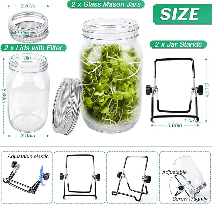 Kikerike Seed Sprouting Jar Kit with 2 Wide Mouth Mason Jars Bean Sprouts Growing Kit Microgreens Growing Jar with Mesh Screen Lids Sprouter Sprouts Maker for Growing Broccoli, Alfalfa, Mung Bean