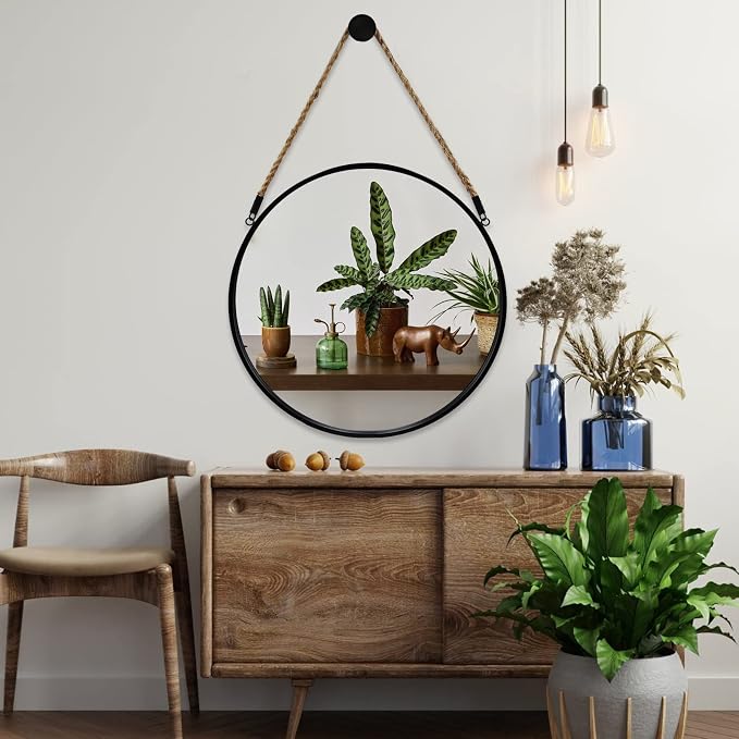 POZINO Round Hanging Mirror with Rope, 15" Circle Wall Mirror with Black Metal Frame, Farmhouse Decorative Mirror for Entryway, Living Room, Fireplace, Bedroom, Bathroom