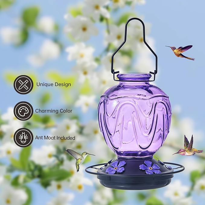 2 Pack Glass Hummingbird Feeder for Outdoors Hanging, 24Ozs Humming Bird Nectar Feeder w/Perch, 5 Flower Feeding Ports, Leak Proof Base and Hook for Outside Garden Backyard Decor, Purple