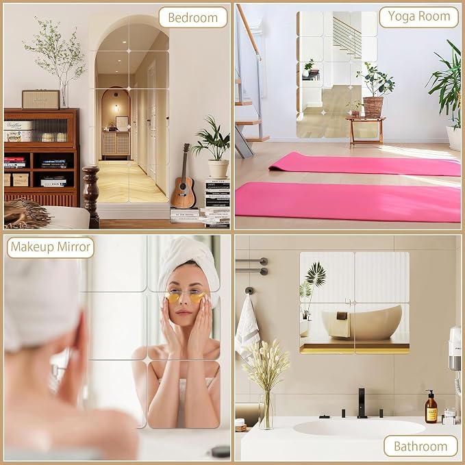 JUNEBRUSHS 8 Pack Self Adhesive Acrylic Mirror, 8 x 8 Inch Tiles,Flexible Plastic Mirror Sheets Wall Stickers,2MM Thick Frameless Small Mirror