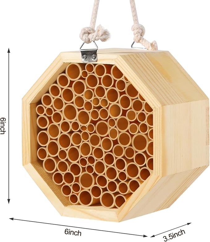 Mason Bee House - Handcrafted Natural Wooden Bee Hotel with Waterproof Wax Coating - Attracts Peaceful Pollinators, Enhances Garden Productivity