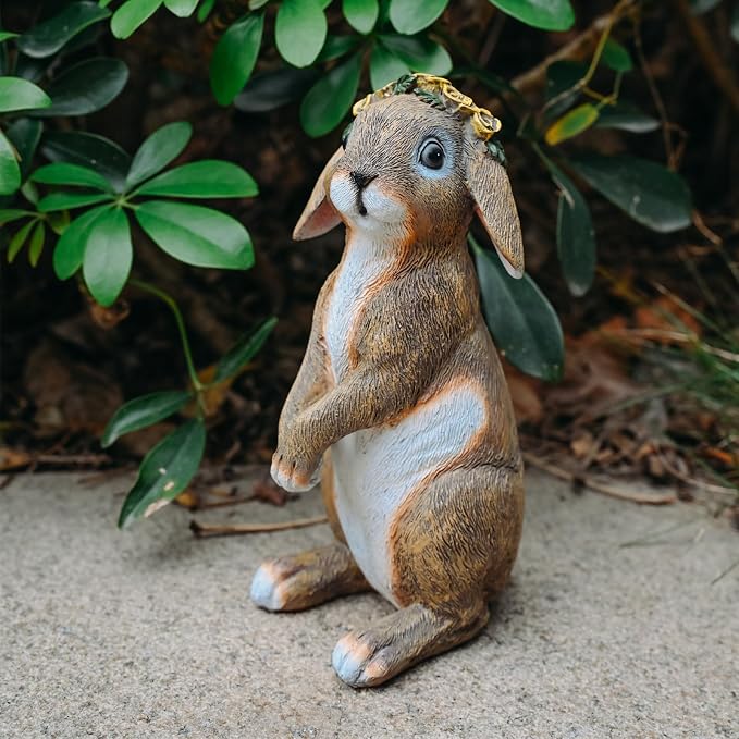 Bunny Outdoor Statues, Rabbit Garden Statues for Lawn Yard Decorations Outdoor Adorable Bunny Wearing Flower Crown, Outdoor Bunny Decor Lucky Rabbit Mom Dad Gifts