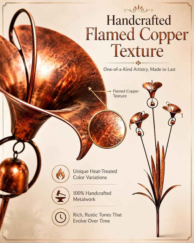 2026 Flamed Copper Three Calla Lilies Garden Stake with Bells, Rain Catcher Flower Handmade 24inch Large Whimsical Metal Plant Sculpture Yard Art Decor, Rustic Wind Chime Ornament Gift