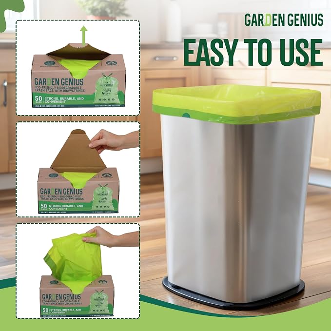 Biodegradable 13-17 Gallon Code-Q Trash Bags (50 Pack) | Strong Heavy-Duty Tall Green Kitchen Bags w/ Drawstring | Fits Simplehuman & Standard Cans | Eco-Friendly D2W, 30 Micron Thick | 25.6" x 33.5"