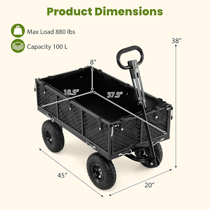 Goplus 880lbs Heavy Duty Garden Cart, Metal Utility Wagon Cart with Removable Oxford Cloth Liner & Mesh Sides, 10" Pneumatic Tires, 180° Rotating Handle for Yard, Lawn