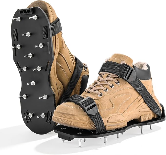 Lawn Aerator Shoes with 1.1''Spikes | Aerating Sandals with Adjustable Hook & Loop Straps, Spike Shoes for Epoxy Flooring, One-Size-Fits-All Yard Garden Grass Soil Aeration Tool (Black)