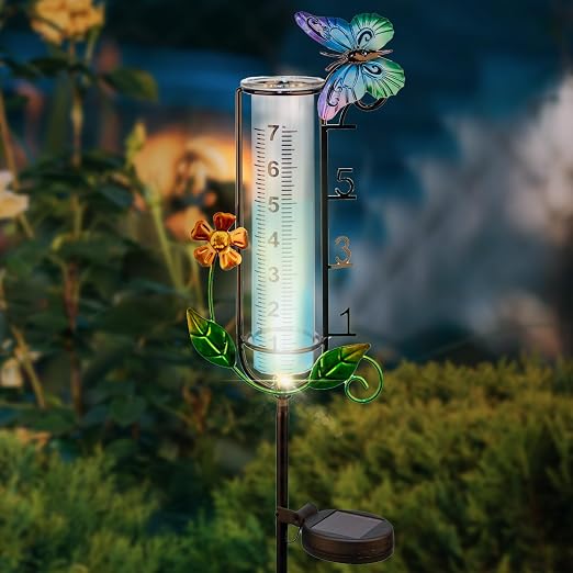 Solar Rain Gauge Outdoor with Metal Stake - 45" Decorative Butterfly Rain Gauge, 7 Inch Capacity Waterproof Yard Art Garden Decor with LED Light, Unique Gardening Gifts for Mom/Grandma/Family
