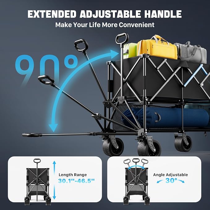 52" Heavy Duty Double Decker Wagon, 650L Collapsible Folding Wagon Cart with Brakes, 560 lbs Load, All-Terrain Big Wheels for Camping, Fishing, Sports and Transport, Black