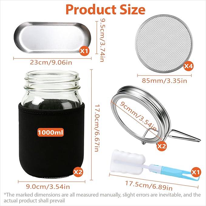 Sprouting Jars Kit, 2 Wide Mouth Mason Jars with 316 Stainless Steel Lids | Complete Kit with 4 Mesh Screens, 2 Light-Blocking Sleeves, Drip Tray and Cleaning Sponge for Fresh Sprouts & Microgreens