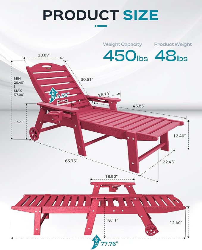 Ciokea Lounge Chair Outdoor, Oversized Chaise Lounge Chair with 5 Positions, HDPE, Patio Lounge Chair with Wheels & Cup Holder for Pool, Deck, Poolside, Red