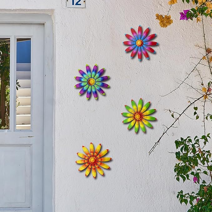 Giyyomtr Metal Flowers Wall Decor - 4pcs Metal Sunflowers Wall Art Hanging Decorations for Outdoor Fence Garden Yard Patio Exterior Wall Decor