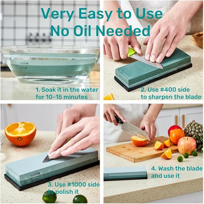 HiramWare Knife Sharpening Stone with Non-slip Rubber Base, 400/1000 Grit Premium Whetstone, Double-Sided Knife Sharpener for Kitchen, Waterstone for Honing Blades Manually