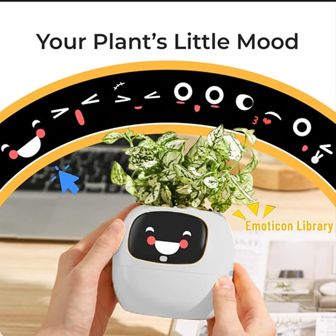 Smart Pet Planter, Smart Plant Pot, With Artificial Intelligence, Time Weather Display, And Multiple Expressions Animation,Lovely Plant Companion, For Desktop Decoration, Gifts,Plant-Free (Ivory)
