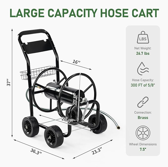 VINGLI 300FT 5/8in Garden Hose Reel Cart, 4-Wheel Portable Residential Hose Reel Cart, Hose Guide System with Storage Basket, Rust Resistant, for Family Yard, Garden and Farm (Black)
