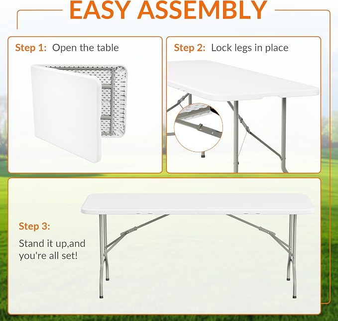 Elevon Folding Table Set with 6 Black Folding Chairs,6 Feet Heavy Duty Fold-in-Half Utility Table Sets for Picnic, Event, Training, Outdoor Activities, at Home and Commercial Use