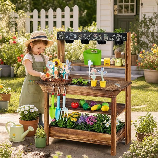 HONEY JOY Mud Kitchen, Fir Wood Kids Potting Bench Table, Removable Sink, 4 Planting Cups, Accessories, Outdoor Play Kitchen for Toddlers, Garden Time Mud Kitchen for Kids Outdoor Backyard