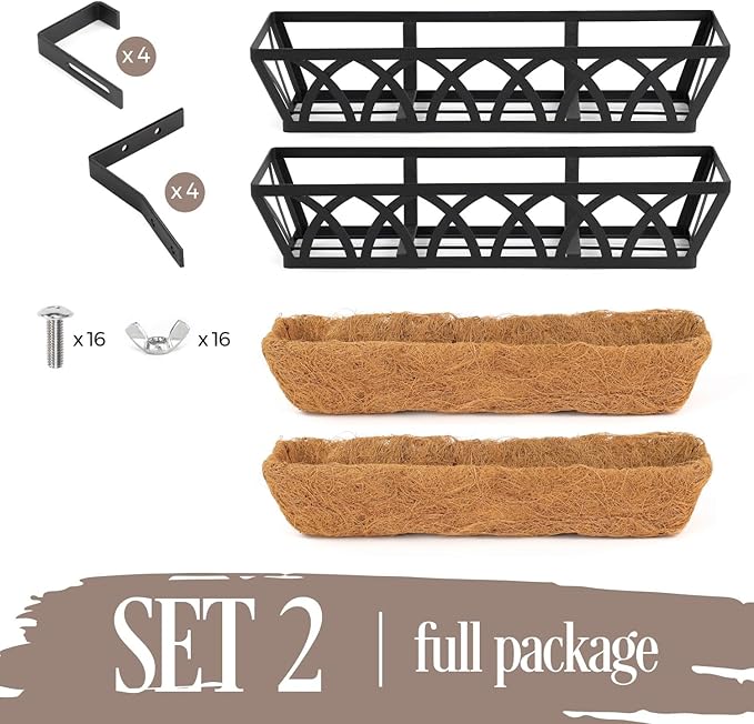 2 Pack 24IN Window Box Railing with Adjustable Brackets, Hanging Flower Planter Basket with Coco Liner for Outdoor Balcony Porch Fence Patio (Black)