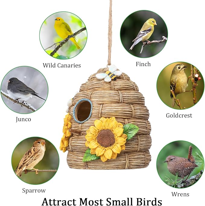 Resin Bird House for Outside, Birdhouses for Outdoors Bird Nesting, Decorative Bird Houses for Yard Garden Decor, Water Proof (Sunflower Thatch)