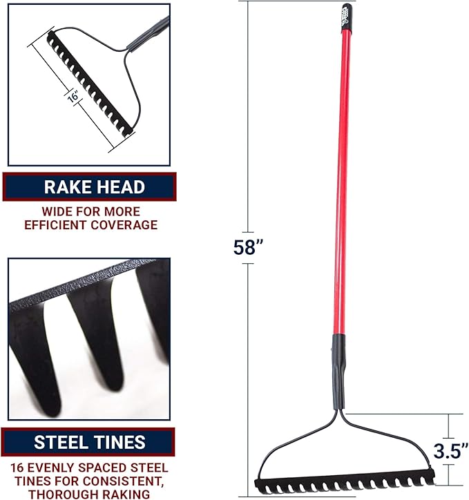 Bully Tools Bow Rake 16" Tines | Heavy Duty Steel Garden Rake for Leaves Lawn Debris Mulch Soil and Gravel | 58" Fiberglass Handle Leaf Rake, 100% Made in USA