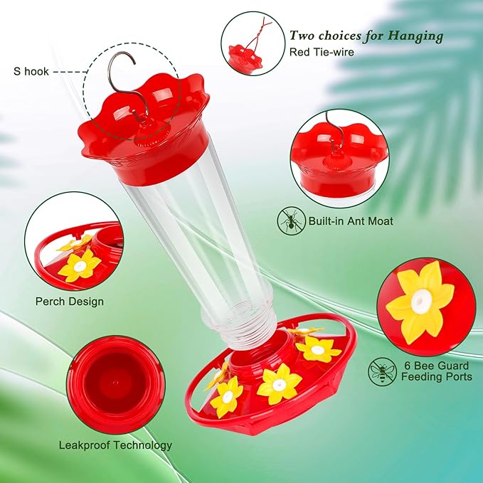 FEED GARDEN 10oz Plastic Hummingbird Feeders for Outdoors - 1 Pack, Ant & Bee Proof, 6 Feeding Ports, Easy Clean Red Nectar Feeders for Outside Hanging, Gifts for Mom