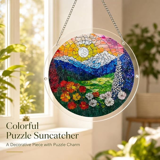 Acrylic Suncatcher Puzzle, 83 Pieces Unique Landscape Sun Catcher Puzzle Kit for Doors Garden and Window Hanging, Colorful Hanging Light Catcher Decor, DIY Suncatcher Kits for Adults, 7.4 in