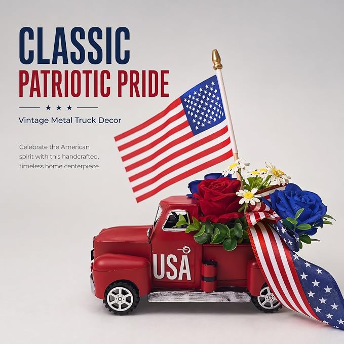 4th of July Patriotic Metal Truck Decor, Vintage Farmhouse Pickup Truck Table Centerpiece, Red White Blue Independence Day Decor for Home Dining Table Mantel Shelf Indoor Party Ornaments