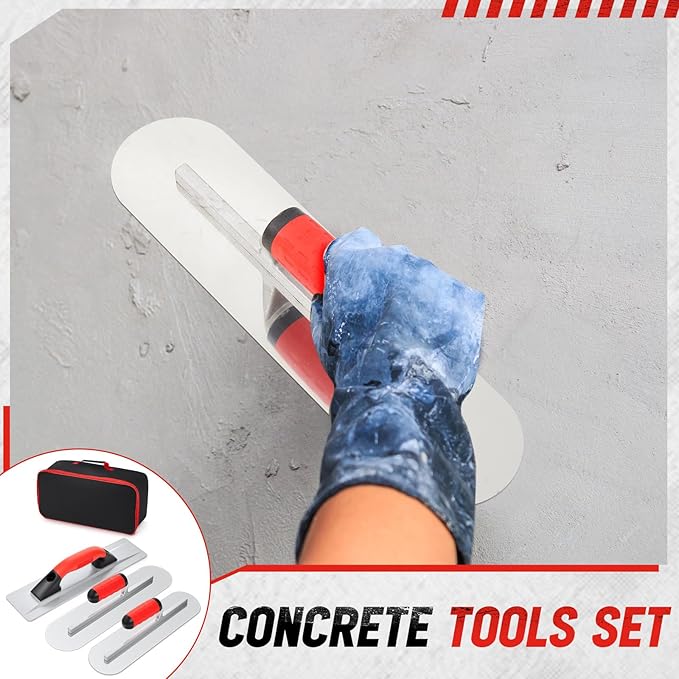 MorningRo 4 Pcs Concrete Hand Tools Set Includes Cement Magnesium Hand Float 16'' x 3-1/8'' Stainless Steel Pool Trowel 16'' x 4'' & 14'' x 4'' Flat Concrete Finishing Trowel and Tool Bag