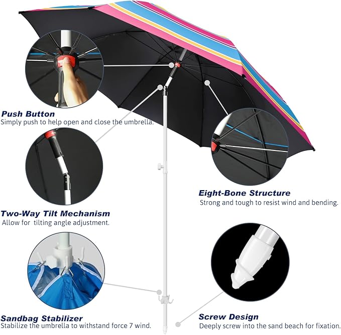 Fisqueen 8FT Large Beach Umbrella with Level 7 Wind Resistance Sand Anchor Sand Bag, Portable Outdoor Umbrella with UPF50+ UV Protection, Tilt Sun Shelter for Beach, Patio, Yard