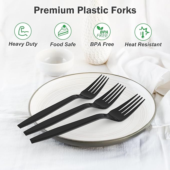 Dealusy 360 Count Extra Heavy Duty Black Plastic Forks Disposable, BPA-Free, Heat Resistant, Solid and Durable Disposable Forks Bulk, Premium Plastic Forks heavy duty for Party Supply