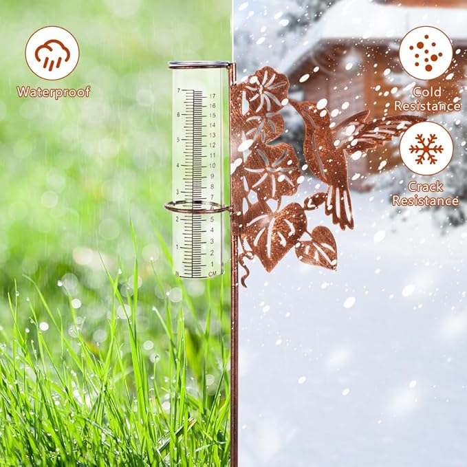 Hummingbird Rain Gauge Outdoor, Freezeproof Rain Gauge with Plastic Measuring Tube Rain Water Gauge Decor for Lawn, Yard, Garden (35'' Tall)