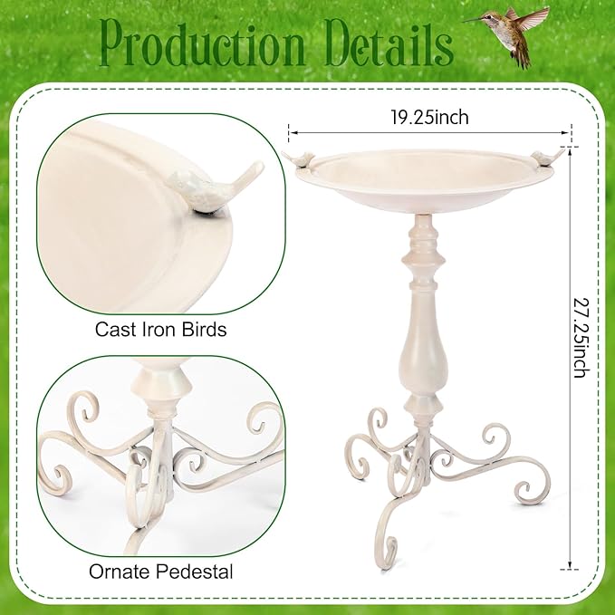 Newtay 27.25" Ornate Metal Pedestal Style Birdbath with Cast Iron Vintage Birds Baths for Outdoors on Rim Full Base Standing Bird Bath Tray for Garden Yard Decoration Not Easy to Rust (Beige)