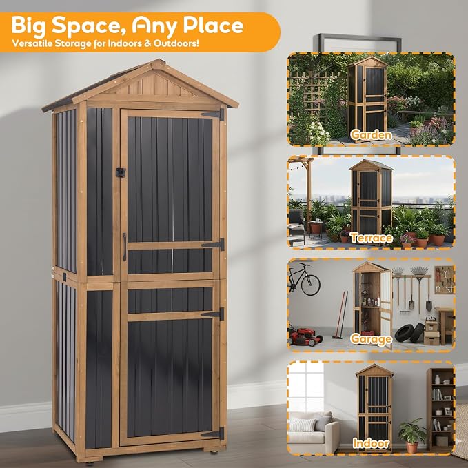 Outdoor Storage Cabinet with Lockable Doors, Wood & Metal Garden Shed, Weatherproof Patio Storage with Adjustable Shelf for Tools, Patio & Backyard Organizer