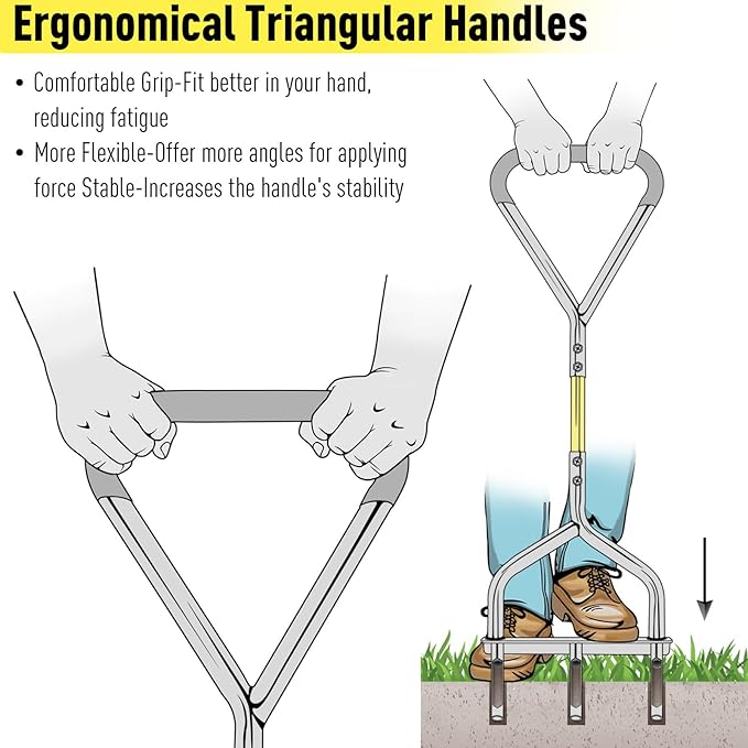Jardineer Core Aerator Lawn Tool - 5" Deep Manual Soil Plug Aerator, Upgraded Triangular Handle Lawn Aeration Tool with Non-Clogging Hollow Tines for Greener Grass & Garden Care