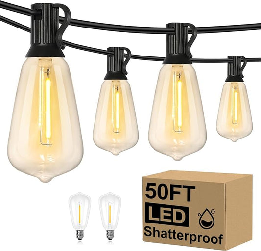 Brightever LED Outdoor String Lights 50FT Patio Lights with 27 Shatterproof ST38 Vintage Edison Bulbs, Outside Hanging Light Waterproof for Porch, Deck, Garden, Backyard, Balcony, 2200K Dimmable