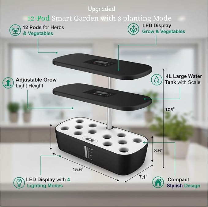 HGS-02 Soil-Free Hydroponics Growing System - 4L Tank with Smart LED Screen, 12 Pods Adjustable Height, LED Grow Light for Indoor Plants, Grow herbs Year-Around, hydro garden gifts for Plant Lovers