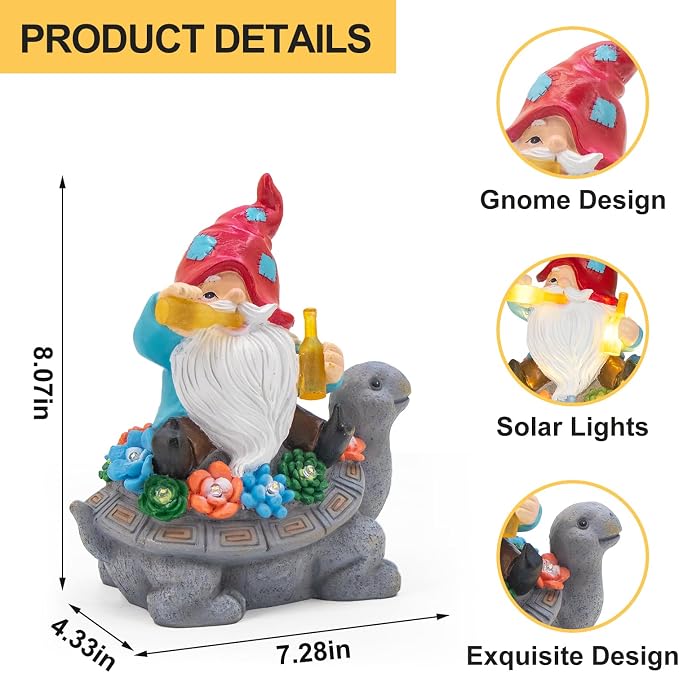 Dad Gifts for Fathers Day,Gnome Garden Decor Statue with Solar Light, Turtle with Succulent Birthday Gifts for Men Women Mom Grandma, Funny Waterproof Resin Figurine Outdoor Decor for Yard Patio Porch