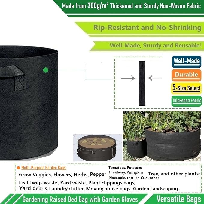300 Gallon Big Raised Garden Bed Bag (60x24 inch) Large Plant Grow Bag for Potato,Tomato Planter,Herbs Veggies Planter,Flower Bed,Plant Container,Yard Waste,Lawn Debris,Leaf Bag with Gardening Gloves