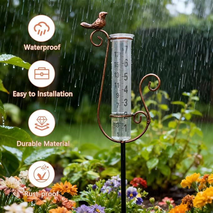 Rain Gauge Outdoor with 7 Inch Glass Tube, Rain Gauges Large Clear Numbers Measure Gauge for Yard, Garden, Lawn(Cardinal)