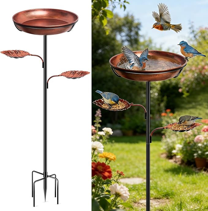 DRQ 35'' Metal Bird Bath for Outside, 12'' Dia × 2'' Deep Birdbath Bowl, Bird Feeder with 6.5'' 5-Pronged Base for Garden Decor, Patio, Yard, Lawn, Father's Day – Vintage Brown