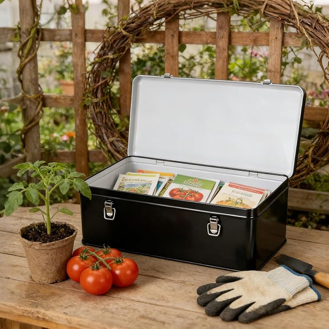 DreamsEden Metal Seed Organizer Storage Box - Rustic Garden Seed Saver Container for Packets with Hinged Lid Gifts for Homesteader Gardening (Black)