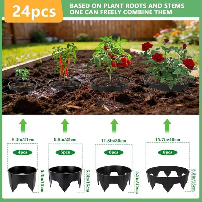 48PCS Planting Grow Rings with Shovel, Diameter Range 8.3-15.7in Adjustable Round Plant Support Garden Circle Ring for Watering Planting Edging Border Ring for Vegetables