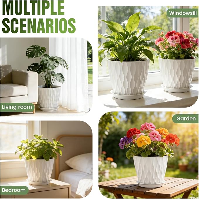 8 Inch Wave Plant Pots with Drainage Holes & Saucers, 4 Pack Modern Textured Medium Planters for Indoor Outdoor Plants, Decorative Flower Pots Repotting Set for Flowers, Herbs (White)